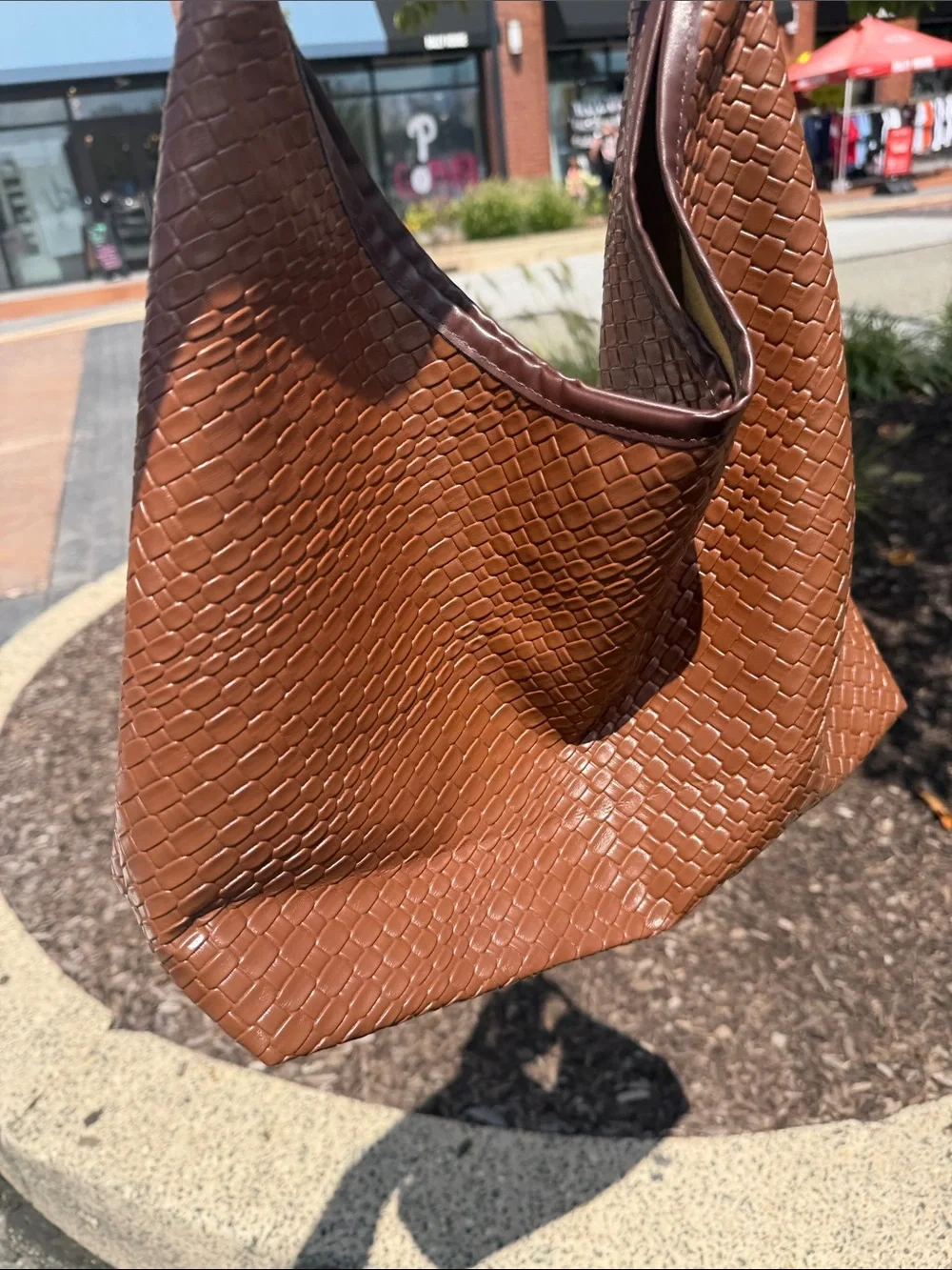 Boho Brown Woven-Texture Hobo Bag NEW Soft Buttery Yellow interior